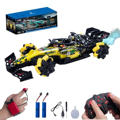 Remote Control Car, Gesture Sensing RC Stunt Car with Spray, 1:14 Scale 4WD 2.4GHz 360° Rotating Drift RC Cars with 3 Battery (Yellow) - color: Yellow, size: 2 Batteries