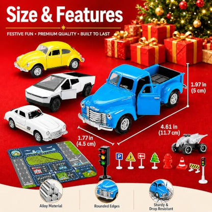 1:32 Die Cast Pull Back Truck Toys for Kids, Alloy Toy Cars with Openable Doors, Road Signs & Map Playset, Birthday Gift for Boys Girls Ages 3-8 - size: Alloy car 4-piece set