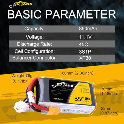 TATTU 850mAh 11.1V 45C 3S LiPo Battery Pack with XT30 Plug(2 Pcs) - size: 2 Pcs
