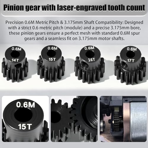4Pcs 0.6M Hardened Steel Pinion Gear Set 3.175mm 14T 15T 16T 17T Motor Pinion Gear with M4 Screw and Hex Key, Fit 3.175mm (1/8-Inch) Shaft, for Arrma HPI Kyosho Losi Axial Traxxas Tamiya 1/10 RC Car - size: 0.6M-P-3.175mm-14-17T