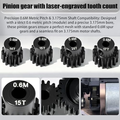 4Pcs 0.6M Hardened Steel Pinion Gear Set 3.175mm 14T 15T 16T 17T Motor Pinion Gear with M4 Screw and Hex Key, Fit 3.175mm (1/8-Inch) Shaft, for Arrma HPI Kyosho Losi Axial Traxxas Tamiya 1/10 RC Car - size: 0.6M-P-3.175mm-14-17T