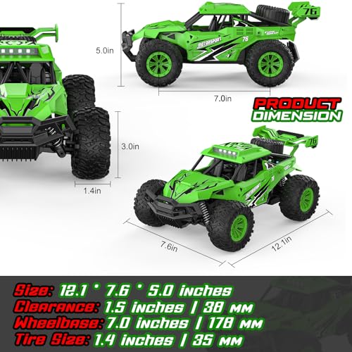 BLUEJAY Remote Control Car, 2.4GHz High Speed 33KM/H RC Cars Toys | 1:12 Monster RC Truck Off Road with LED Headlight and Rechargeable Battery Gifts for Adults Boys 8-12 - color: Green