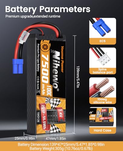 2S RC Car Battery 7.4V 7500mAh 100C Hardcase EC5 for RC Boat 2Packs | 2Packs 7.4V Lipo Battery Hard Case Protects from Impact, EC5 Plug for High-current, for 1/8 1/10 RC Car Truck Boat Tank Drone