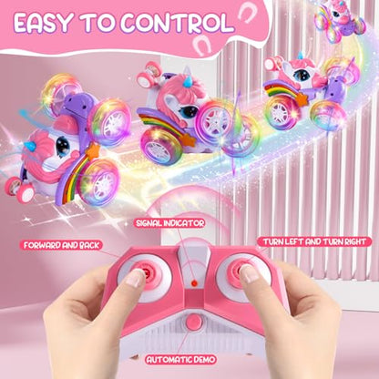 Remote Control Car Unicorn for Girls 360° Rotating 4WD Stunt RC Cars with Cute Cool LED Lights, 2.4GHz Toy Car USB Direct Charging RC Cars Birthday Gifts for Kids Girl Age 3-6 7-9 (Small) - style: Small
