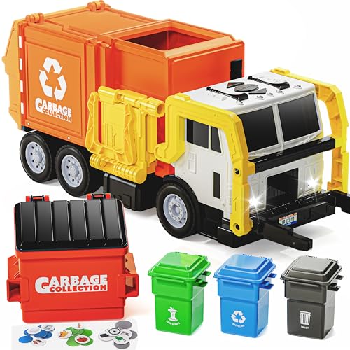 JOYIN Large Friction Powered Garbage Truck Toy Set, Includes Dumpster, Trash Bins, and Learning Cards for Kids, Orange - color: Orange