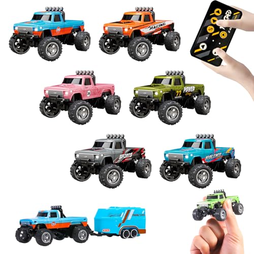 Mini RC Monster Truck, 1:64 Scale Remote Control Car with Lights, 2.4Ghz Remote Control, Alloy Monster Truck Rc with Trailer, Speed/Steering Adjustable (6Pcs) - color: 6pcs