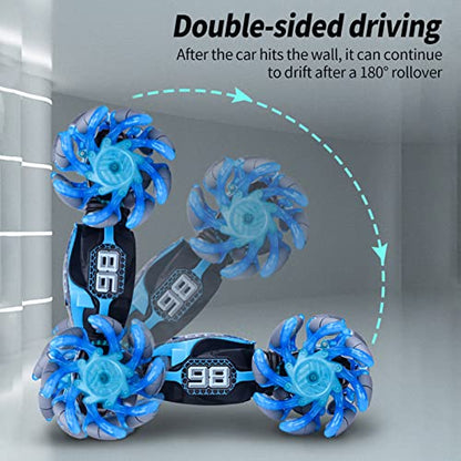 GoolRC Gesture Sensing RC Stunt Car, 4WD 2.4GHz Remote Control Car, Transformer Toy Cars with LED Lights, Double Sided Driving, 360?Rotating and Explosive Wheel for Adults (Blue) - color: Blue
