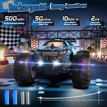 All-Terrain Remote Control Car for Boys Christmas Kids Rechargeable | Monster Rc Truck with LED, 1:20 10KM/H, 2 Motors, 2.4GHZ, Speed Friendly, Sturdy Rc Cars for Christmas Kids 6+, Beginner - color: Blue