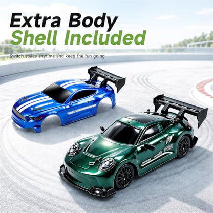 1:24 RC Drift Car, 20KM/H 4WD High Speed Remote Control Car with 2 Batteries, Extra Body Shell, Drift Tires, 10 Cones & LED Lights, 2.4GHz Racing Car Toy for Boys Girls.