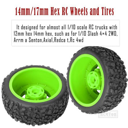 Rc Truck Tires 12mm/14mm/17mm Hex RC Wheels Tires for 1/10 Slash 4×4 2WD,Arrm a Senton,Axia1 Redca t Rc 4wd,w/RC Wheels Hex Detachable Replace Running on Off-Road Tire,Green - color: Green