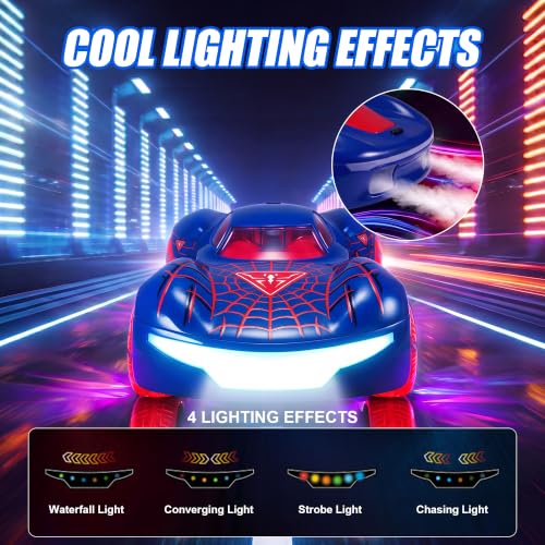 Gesture Sensing RC Stunt Car, 2.4GHz 4WD Remote Control Car for Boys 4-12 | 50 Min Play Dual Batteries, 360° Spinning Drift ,Mist Spray & LED Wheels, Birthday Gift for Kids Boys, Party Gifts, Blue-Red - color: 1-blue