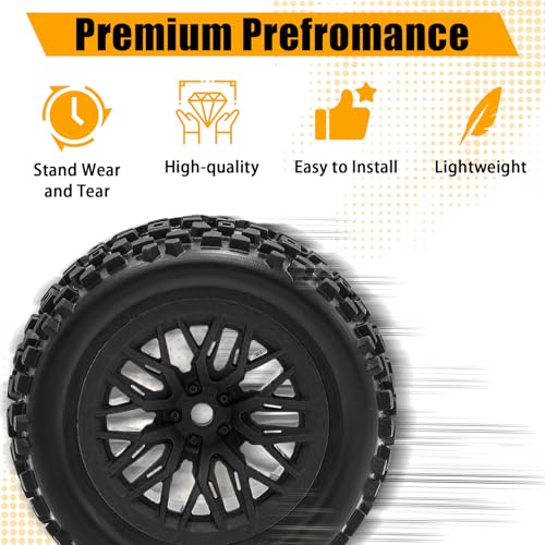 Pre-Glued 1/16 & 1/18 RC Monster Truck Tires, Soft Rubber Tire and Nylon Wheels Rims with 12mm hex Compatible with ARRMA 1/18 Granite/Typhon Grom, WLtoys A949, MJX Hyper Go H16 RC Buggy, 4PCS (Black) - color: Black