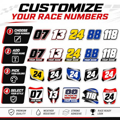 Custom Racing Number Decals, Waterproof Peel and Stick Vinyl Number Stickers, Personalized Race Car Numbers for Motorcycle, Golf Cart, RC Car, Kart, Helmet, Truck