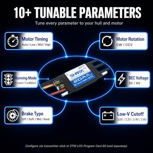 ZTW Shark G2 20A ESC 2-4S Built-in Swithcing BEC 5V/6V 4A Water-Cooling Bidirectional Waterproof Brushless Speed Controller for RC Boat Marine - size: 20A