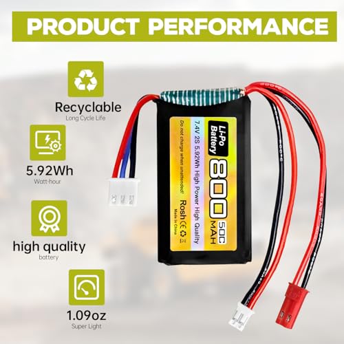 sea jump 2PCS 7.4V 800mAh 2S 50C Li-Po Battery with JST and PH2.0 Plug for SCX24 RC Car,Compatible with Most 1/10,1/16,1/18,1/24 Ratio Toy Cars, Trucks, and 4-Axis Aircraft