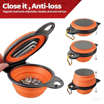 Collapsible Magnetic Parts Tray Set, Foldable Magnetic Trays, Integrated 5.1" Round Dual Silicone Bowls, Multi-Use Nuts And Bolts Organizer, Bonus Hanging Hook for On-the-Go Carry(Orange)