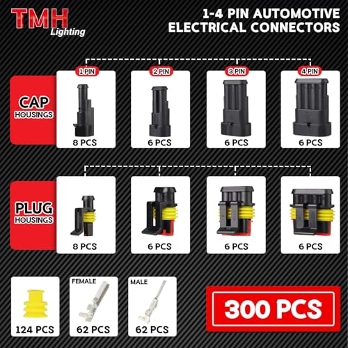 TMH 300 Pcs 1/2/3/4 Pin Electrical Connector Kit 22-16 AWG, Automotive Electrical Wire Terminal Connectors Male&Female Pin Automotive for Car Truck Motorcycle Marine Boat - size: 1/2/3/4 Pin (300 Pcs)