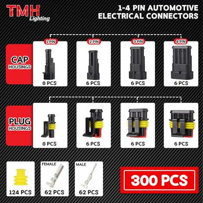 TMH 300 Pcs 1/2/3/4 Pin Electrical Connector Kit 22-16 AWG, Automotive Electrical Wire Terminal Connectors Male&Female Pin Automotive for Car Truck Motorcycle Marine Boat - size: 1/2/3/4 Pin (300 Pcs)