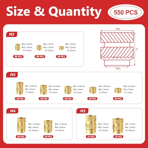 Newdeli 550pcs Threaded Inserts M2 M3 M4 M5 Heat Set Inserts Kit for Plastic and 3D Printing Components- Brass Metric Knurled Nuts Assortment Kit - size: M2 M3 M4 M5 (550 pieces)