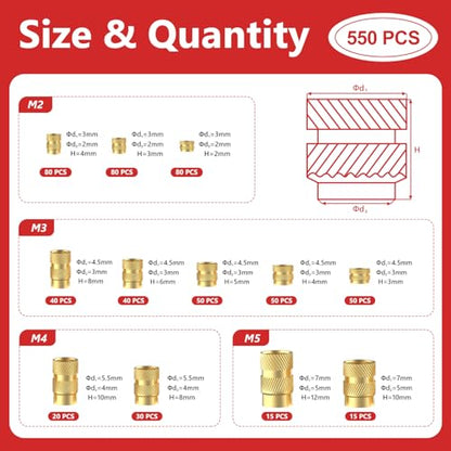Newdeli 550pcs Threaded Inserts M2 M3 M4 M5 Heat Set Inserts Kit for Plastic and 3D Printing Components- Brass Metric Knurled Nuts Assortment Kit - size: M2 M3 M4 M5 (550 pieces)