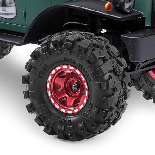 1.0" Beadlock Aluminum Wheels and 57mm Soft Rubber Tires | for SCX24, TRX4M, Ascent 18, FCX24, 1/18 1/24 RC Crawler, 7mm Hex, 0mm Offset, with Foam Inserts, (Red 3) - color: Red 3