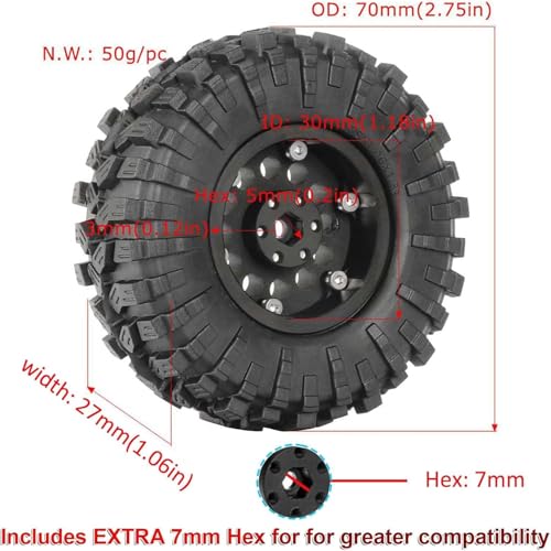4PCS 1.3" Aluminum Alloy Beadlock Wheel Rims All-Terrain Tyre 70mm Rubber Tires Set with 5mm & 7mm Hex for 1/12 1/14 1/18 1/24 RC Rock Crawler Car Upgrade Parts (A-Brown) - color: A-brown