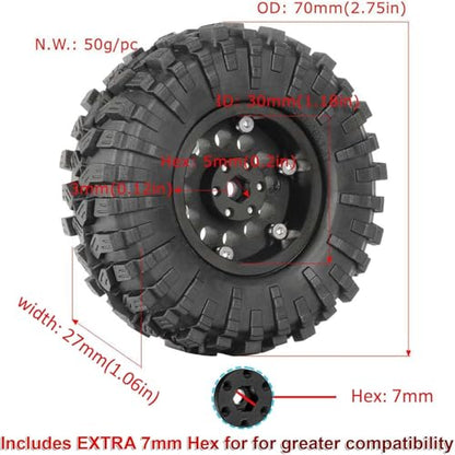 4PCS 1.3" Aluminum Alloy Beadlock Wheel Rims All-Terrain Tyre 70mm Rubber Tires Set with 5mm & 7mm Hex for 1/12 1/14 1/18 1/24 RC Rock Crawler Car Upgrade Parts (A-Brown) - color: A-brown