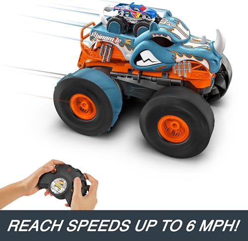 Hot Wheels Monster Trucks RC Toy, Remote-Control Transforming Rhinomite in 1:12 Scale & 1:64 Scale Race Ace, Converts into Launcher, Connects to Track - style: Rhinomite
