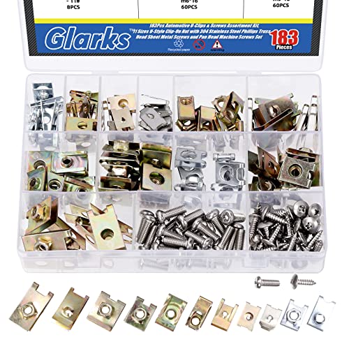 Glarks 183Pcs 11 Sizes Automotive U-Clips & Screws Assortment Kit, U-Style Clip-On Nuts Auto Car Fasteners with Phillips Screws Kit for Engine, Fender, Bumper, Dash, Interior Trim Panels