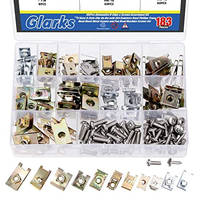 Glarks 183Pcs 11 Sizes Automotive U-Clips & Screws Assortment Kit, U-Style Clip-On Nuts Auto Car Fasteners with Phillips Screws Kit for Engine, Fender, Bumper, Dash, Interior Trim Panels