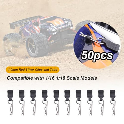 HobbyPark 50pcs Universal 1/16 1/18 RC Body Clips with Pull Tabs RC Car R Pins Small for SCX24 Traxxas TRX4M Redcat HPI Himoto HSP Exceed Truck Buggy Shell Replacement Parts - size: 1.0mm Rod Silver Clips and Tabs