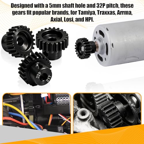 32P 21T RC Car Gear Set | 45# Steel Black Oxide | 5mm Bore +0.03mm | Precision Engineered Motor Pinion Gear Compatible with Traxxas/ARRMA/HPI/Kyosho (3-Pack with M4 Set Screws) - style: 3Pcs 21T