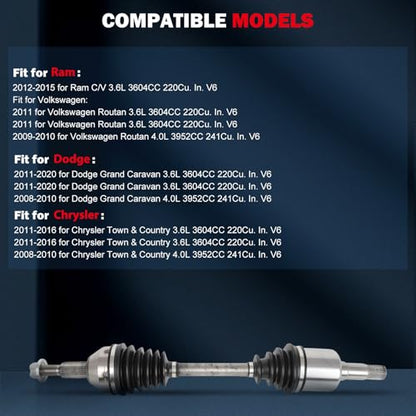 CCIYU CV Axle Shaft Assembly for Chrysler Town & Country 2008-2016, for | for Dodge 2008-2020, for Volkswagen 2009-2011 & for Ram C / V 2012-2015 - Front Left - with Auto Trans 6 - Replace# 60-3553 - size: 17-5800