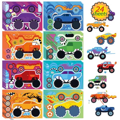 Monster Truck Stickers for Kids, Make Your Own Car Sticker, Car Party Favor | 24 Sheets Classroom Teacher Reward Activities Birthday Gift for Girls Boys, Crafts Goodie Bags Stuffers - style: Monster Truck