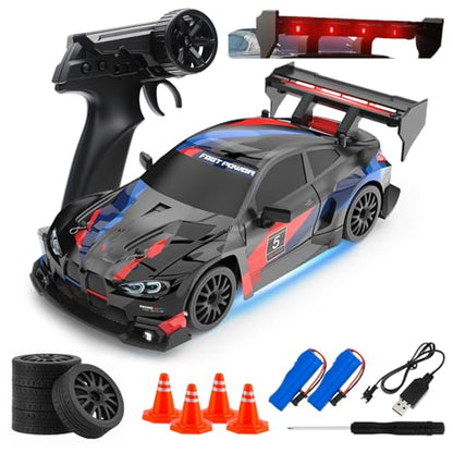 RC Drift Car, 1:24 Scale Remote Control Vehicle for Kids,2.4GHz 20KM/H 4WD High Speed RC Cars with LED Light, Two Batteries & Drifting Tires Racing Sport Toy Cars for Adults Boys Girls Kids 8607BK - style: 8607-Black
