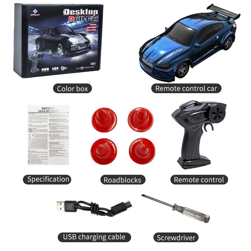 KF20 1:64 Scale Mini Drift RC Car with Full Proportional RTR 2.4GHZ Remote Control for Desktop Racing (Blue) - color: Blue