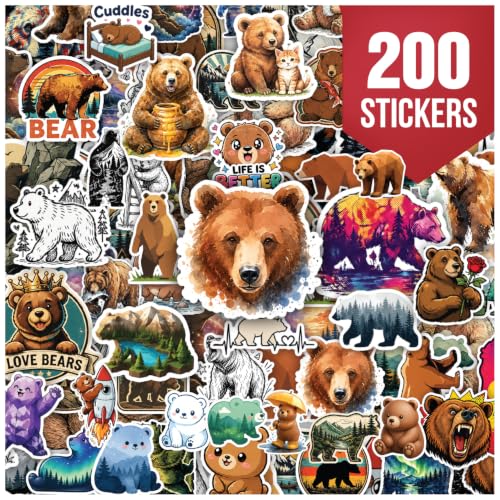 Premium 200 Pcs Funny Grizzly Bear Stickers - 200 Unique Designs | Waterproof Vinyl Grizzly Bear Sticker for Water Bottles, Laptops, Phone Cases, Scrapbooks, Journals, Skateboards, Bear Lovers - color: Funny Grizzly Bear Stickers, size: 200 Pcs