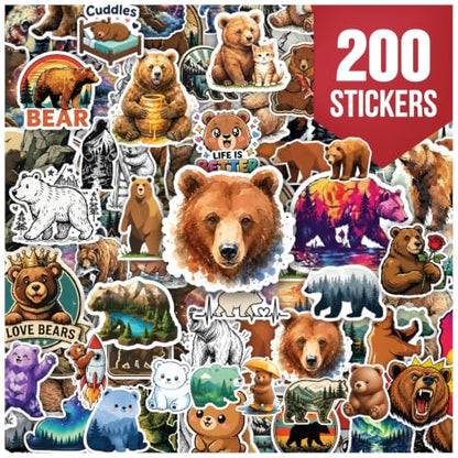 Premium 200 Pcs Funny Grizzly Bear Stickers - 200 Unique Designs | Waterproof Vinyl Grizzly Bear Sticker for Water Bottles, Laptops, Phone Cases, Scrapbooks, Journals, Skateboards, Bear Lovers - color: Funny Grizzly Bear Stickers, size: 200 Pcs