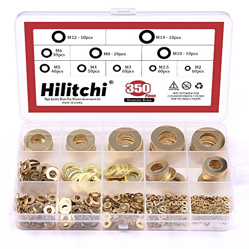 Hilitchi 350-Pcs [10 - Size] Brass Flat Washer Assortment Set - M2 M2.5 M3 M4 M5 M6 M8 M10 M12 M14