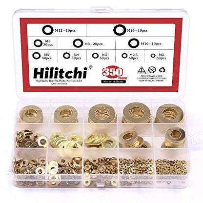Hilitchi 350-Pcs [10 - Size] Brass Flat Washer Assortment Set - M2 M2.5 M3 M4 M5 M6 M8 M10 M12 M14