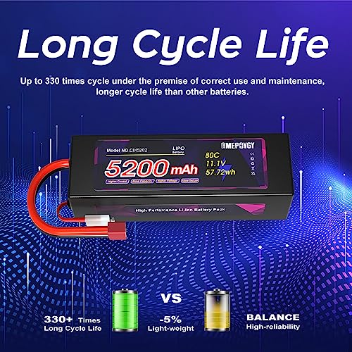 11.1V Lipo Battery 3S 5200mAh 80C Lipos Hard Case with T Connector for RC Car Trucks 1/8 1/10 RC Vehicles(2 Packs) - color: T-2