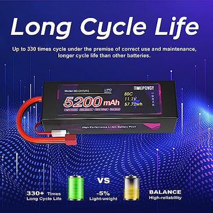 11.1V Lipo Battery 3S 5200mAh 80C Lipos Hard Case with T Connector for RC Car Trucks 1/8 1/10 RC Vehicles(2 Packs) - color: T-2