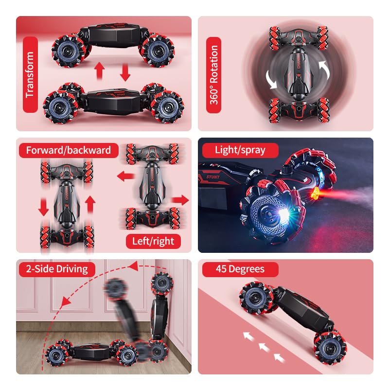 TADOZIC 4WD Remote Control Gesture Sensor Car,Hand Controlled RC Stunt Car,Double-Sided Vehicle 360° Rotation with Light and Music Spray, Watch Toy Cars for Boys & Girls Birthday - color: Red