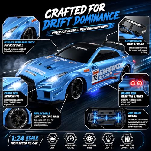 1:24 RC Drift Car for Kids,4WD 2.4GHz 28KM/H High Speed Remote Control Car, Racing Sport Toy Car with LED Lights,Drifting Tires＆Two Batteries (Blue-24G) - color: Blue-24g
