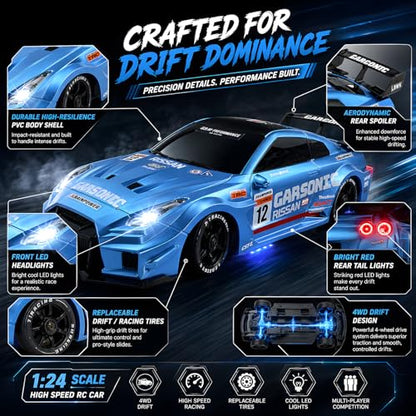1:24 RC Drift Car for Kids,4WD 2.4GHz 28KM/H High Speed Remote Control Car, Racing Sport Toy Car with LED Lights,Drifting Tires＆Two Batteries (Blue-24G) - color: Blue-24g