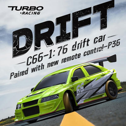 Turbo Racing 1:76 Scale Drift RC Car, Mini Table Racing Model Car with 2.4G Remote Control & Gyro Full Proportional RTR for Adults Hobby Toys Gifts (C66-Green) - style: C66-Green