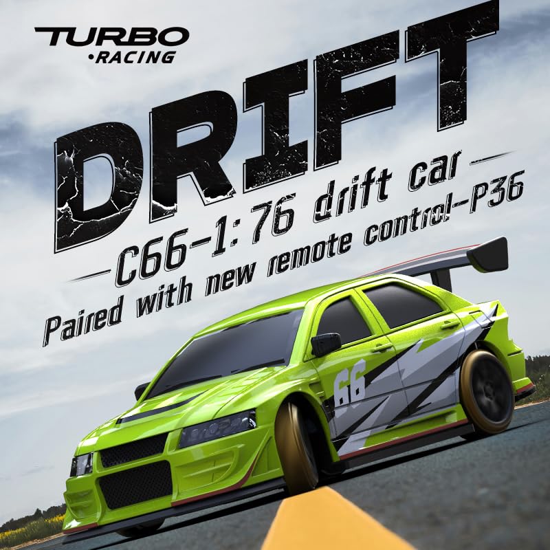 Turbo Racing 1:76 Scale Drift RC Car, Mini Table Racing Model Car with 2.4G Remote Control & Gyro Full Proportional RTR for Adults Hobby Toys Gifts (C66-Green) - style: C66-Green