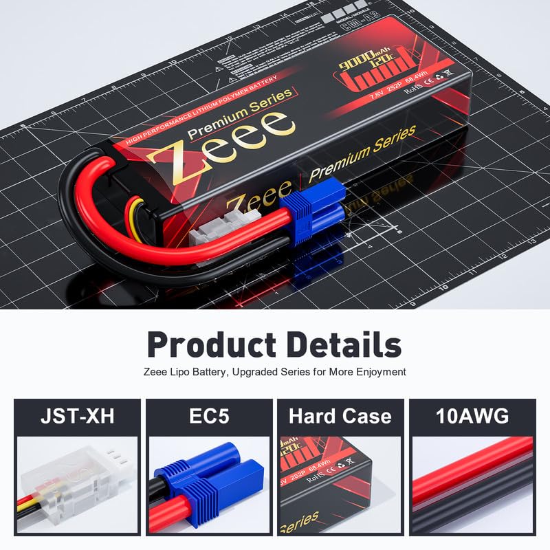 Zeee Premium Series 2S Lipo Battery 9000mAh 7.6V HV-Lipo 120C Hard Case Battery with EC5 Connector High Voltage Battery for RC 1/10 Scale Vehicles Car Trucks Boats RC Models (2 Pack)