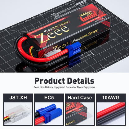Zeee Premium Series 2S Lipo Battery 9000mAh 7.6V HV-Lipo 120C Hard Case Battery with EC5 Connector High Voltage Battery for RC 1/10 Scale Vehicles Car Trucks Boats RC Models (2 Pack)