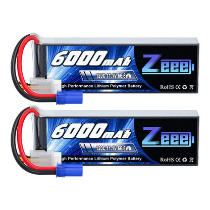 Zeee 3S Lipo Battery 6000mAh 11.1V 120C Soft Case RC Battery with EC5 Connector for Helicopter Airplane Quadcopter RC Airplane RC Car Truck Boat(2 Pack)